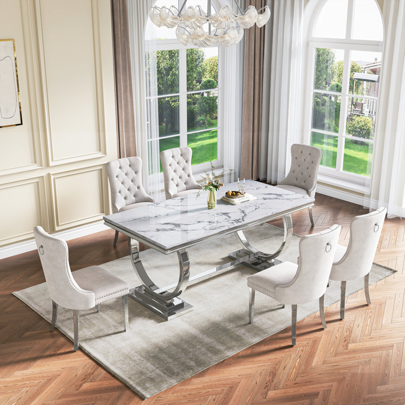 Rectangular 70.1"L X 35"W Dining Set, Blanc / argenté, Blanc / argenté, 7 pièces : table, 6 chaises