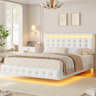 Ensemble de chambre à coucher 3 pièces, lit flottant moderne à DEL avec revêtement en polyuréthane et tables de chevet à 3 tiroirs avec port de charge