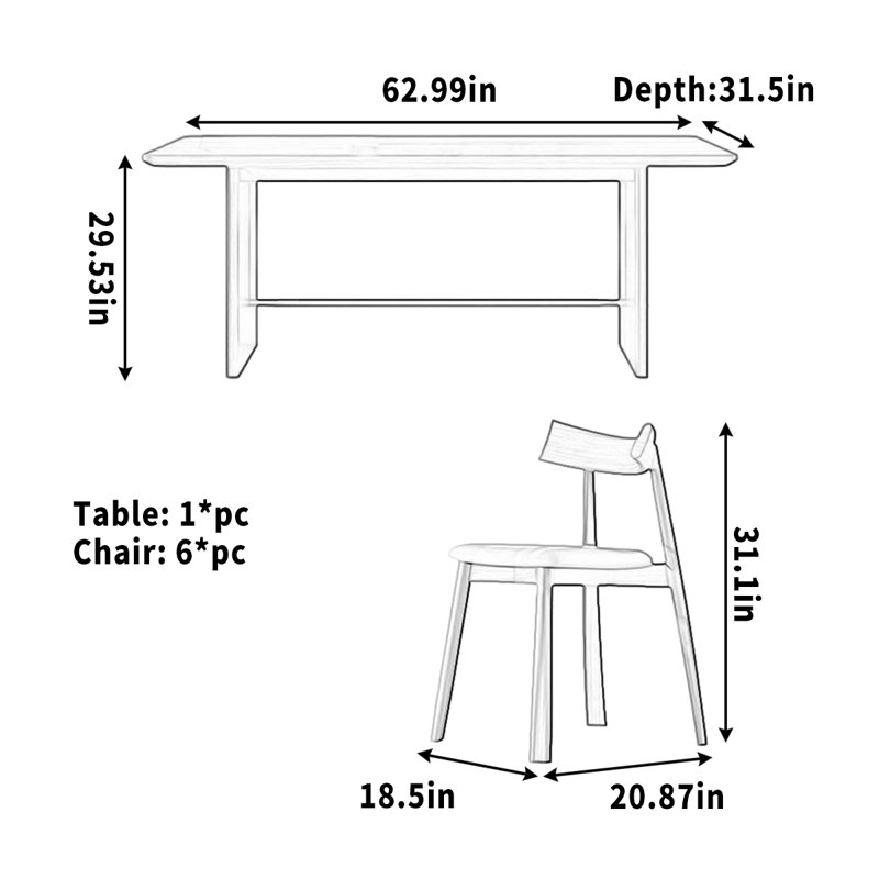 Simple dining table rectangular solid wood, 7 Pieces: Table, 6 Chairs, 29.53" H x 62.99" W x 31.5" D
