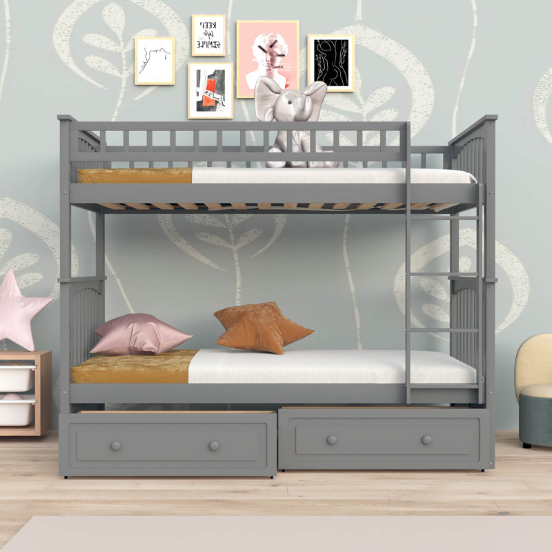 Evolette Kids Twin Over Twin Bunk Bed with Drawers, Gray