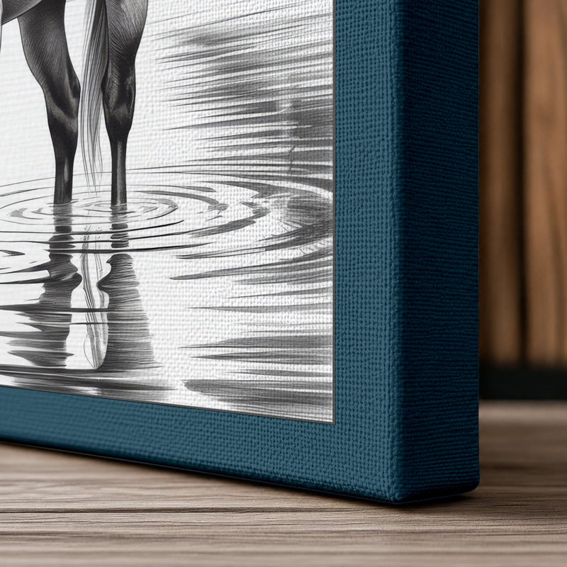 Horse at Water's Edge Coastal - Wrapped Canvas, 36x24 - 91.4 x 61.0 cm, Teal Border