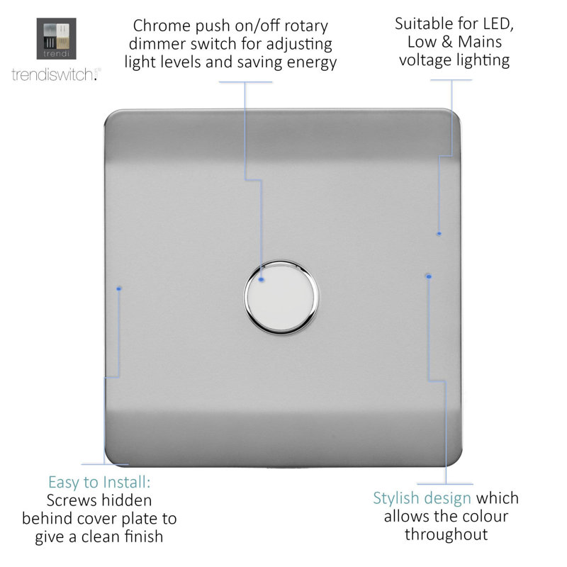 Trendi Switch 1 Gang 1 or 2 way 100w Rotary LED Dimmer Light Switch, Steel