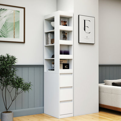 Armoire de rangement 70,87 "H, 4 niveaux, 3 tiroirs latéraux et 4 petites tablettes, grande bibliothèque moderne en bois