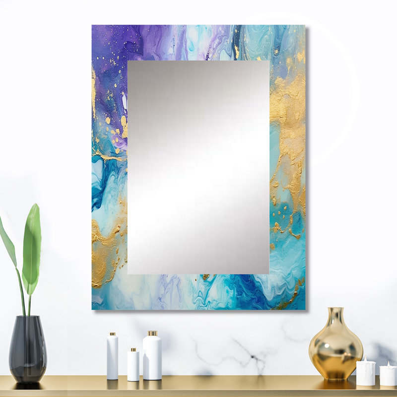 Leamont Turquoise and Purple Liquid Art IV - Fractals Decorative Mirror, Turquoise Wall Mirror, Printed Metal Art, 32" x 24"