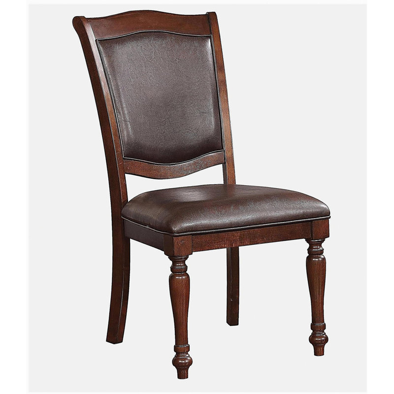 Luxueux fauteuil de salle à manger traditionnel en bois de cerisier brun avec texture de cuir espresso et 2 chaises d'appoint