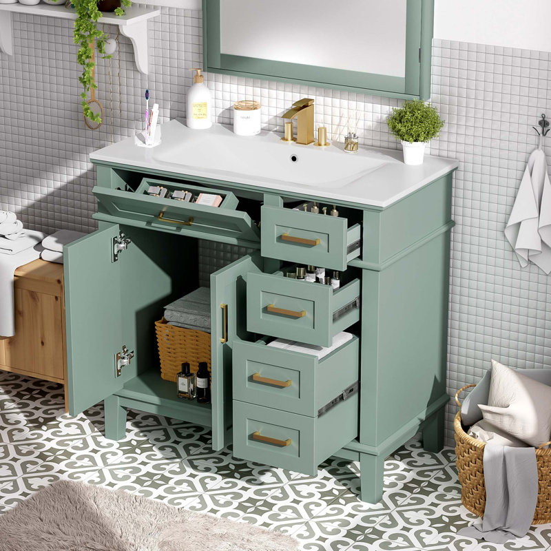 Meuble-lavabo moderne avec lavabo en céramique et rangement à fermeture en douceur, Vert clair