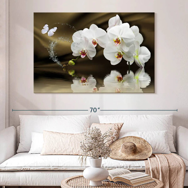 Orchidées blanches Harnek et papillon, H 20 po x l 30 po