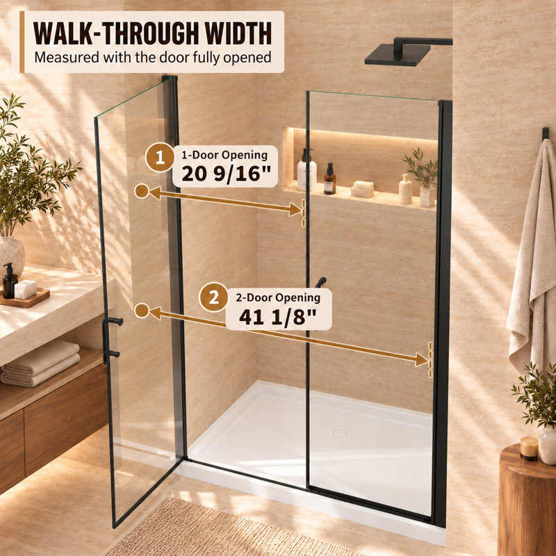 Porte de douche pivotante double sans cadre de 117 à 122 cm de largeur x 183 cm de hauteur, avec ouverture intérieure et extérieure à 180°, charnières à assistance de levage et verre trempé SGCC de 6 mm d'épaisseur.