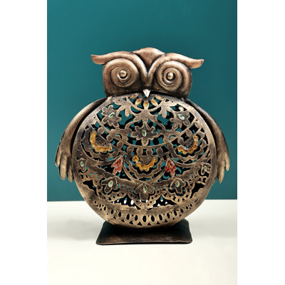 Porte-bougie 10 "fait à la main en forme de hibou en fer - Lanterne fantaisiste en métal et ombre à roulettes Woodland