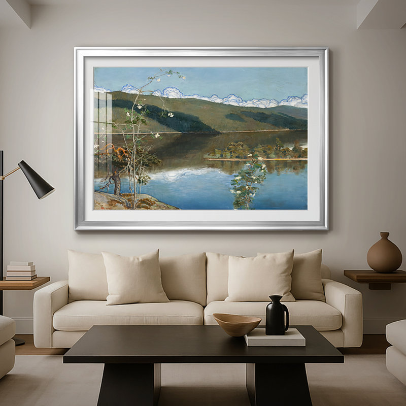 Paysage de lac avec des fleurs blanches - Inconnu (monogramme EK / AKK) - reproduction encadrée avec passe-partout et verre - 1899