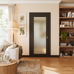 1-Lite Interior Black Pantry Frosted Door Slab Barn Door Panel Black Tempered Glass Primed For French Bathroom Doors