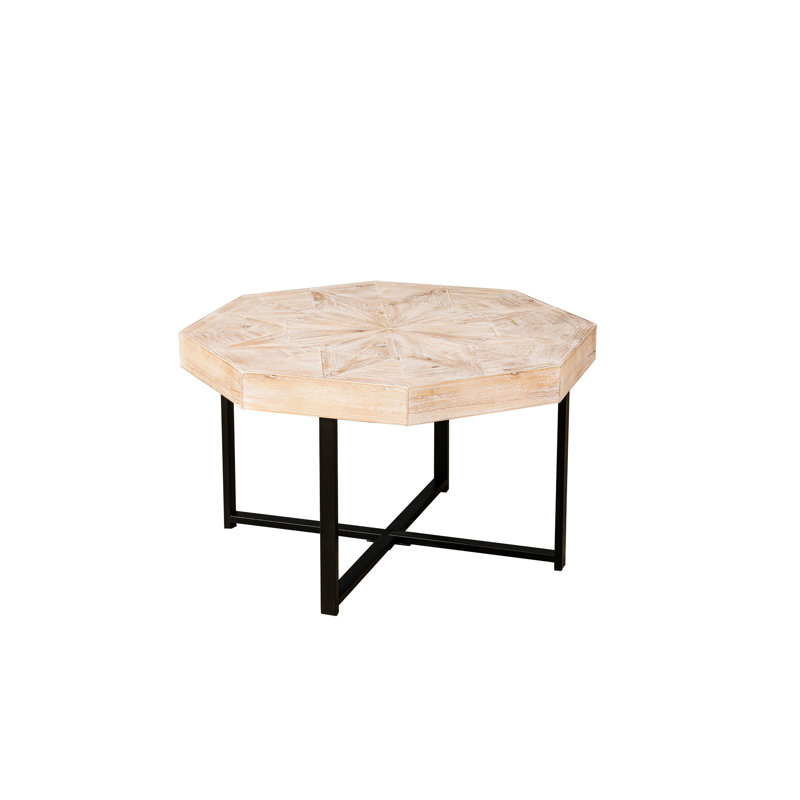 Table basse rétro en bois à patchwork octogonal, 30 pouces, pieds croisés en métal, facile à assembler et à entretenir, décor de salon et surface propre