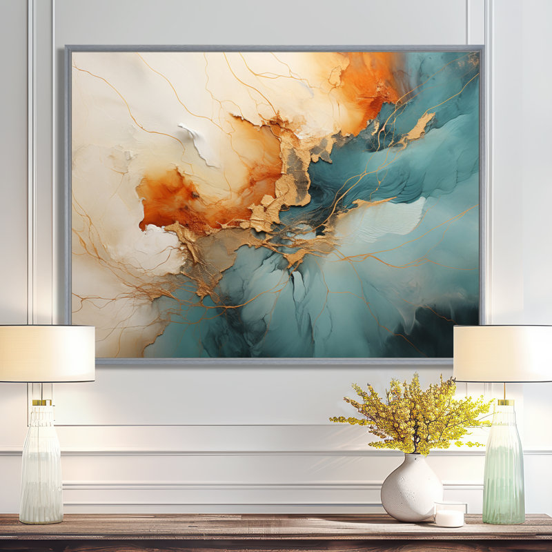 Teal Orange Bold Energy V On Canvas Print, 30" H x 40" W, Floater Framed Print, White