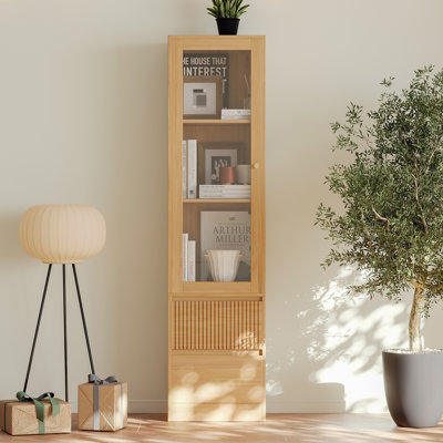 Branigans Wooden Glass Door Bookcase, 3-Tier Cube Bookshelf Storage Cabinet With Double Drawer And Shelf