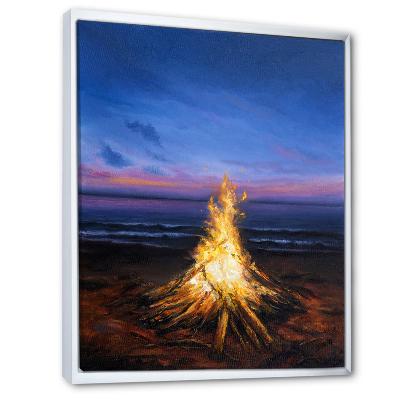Feu de camp sur un coucher de soleil - art nautique et côtier sur toile, H 44 po x l 34 po x P 1,5 po