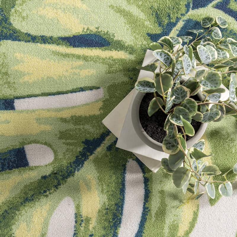 Commer Tropical Leaf Green Indoor/Outdoor Patio Rug, Oval 5' x 8'