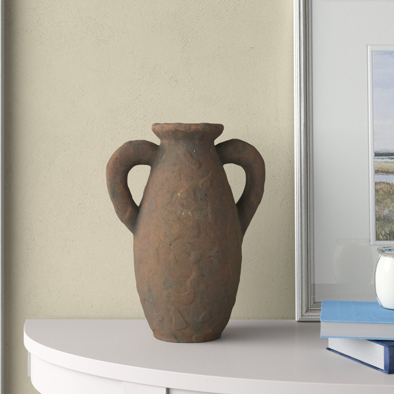 Ceramic Handmade Textured Decorative Vase with Two Wide Handles, 13.55" H x 9.5" W x 7" D
