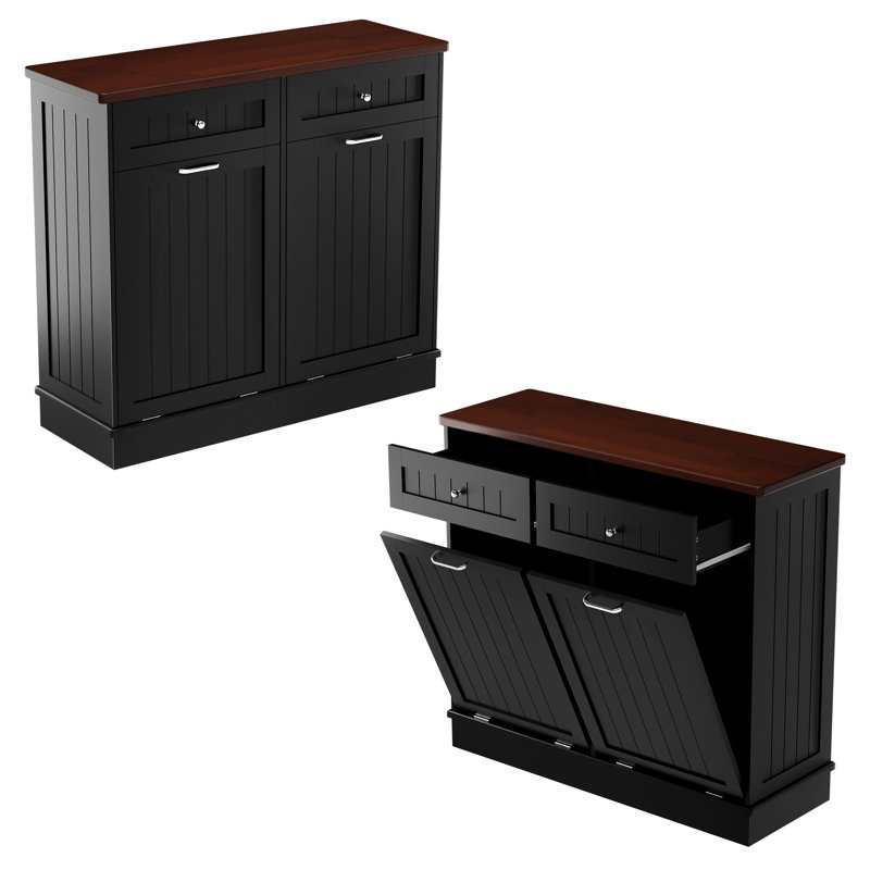 Black Double Tilt Out Trash Cabinet with Countertop and Drawer