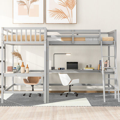 Lit mezzanine simple en L avec 2 bureaux encastrés en bois gris - Élégant et spacieux
