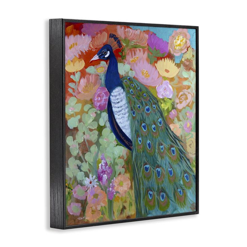 Paquet de fleurs et de paons, estampe numérique, design par Robin Maria, H 30 po x l 24 po, Giclée encadrée noir minuit