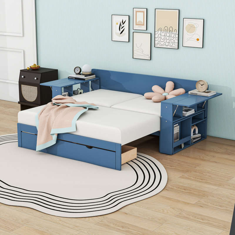 Lit de jour multifonctionnel avec tiroirs et bureau, tablettes, Bleu, Complet/Double