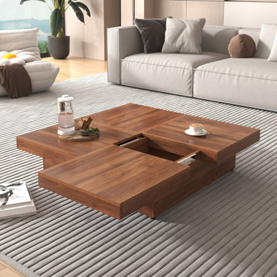 Table basse carrée en placage avec plateau coulissant et rangement en noyer 39,4 po