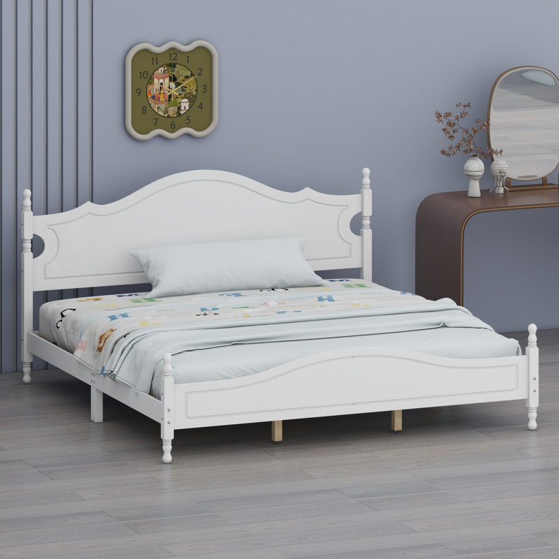 Lit plateforme en bois massif Govea, King, Blanc