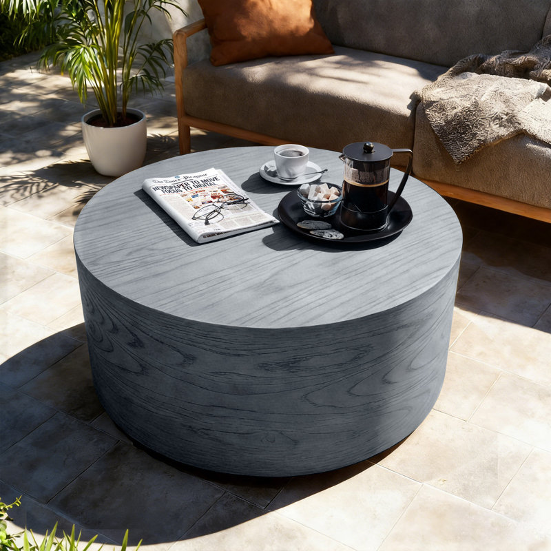 28'' Magnesium Oxide Outdoor Coffee Table with Wood-Look Textured Surface, Round, Dark Gray, Gray