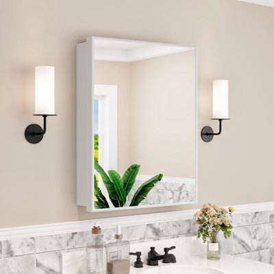 20" W x 28" H Elise Iron Framed Recessed/Surface Mount Medicine Cabinet with Mirror, Adjustable Glass Shelves for Makeup, Shaving or Bathroom Vanity Storage