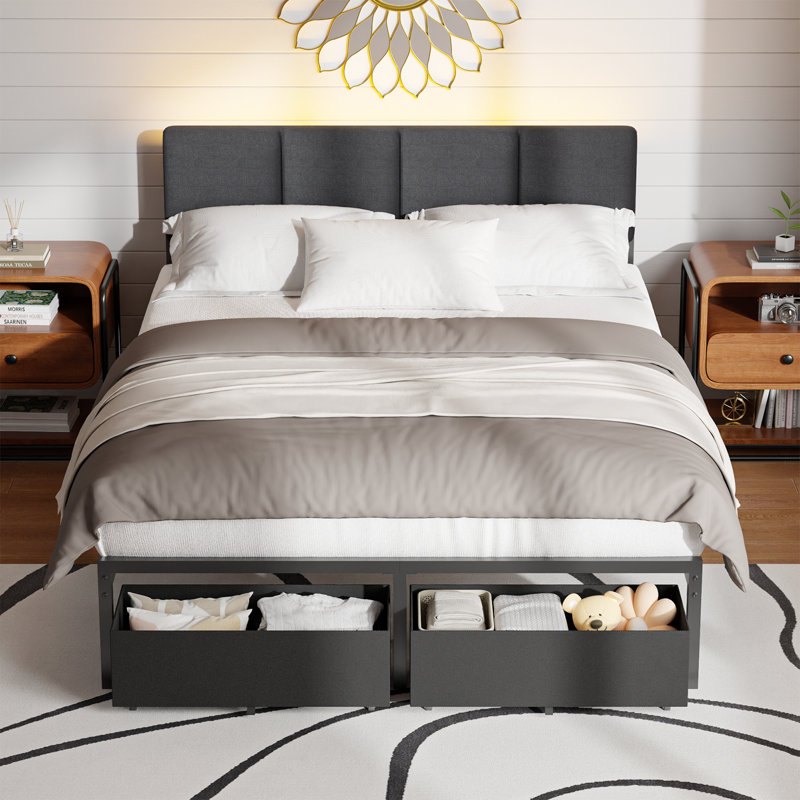 Upholstered Bed Frame with 2 Storage Drawers, Modern Queen Platform Bed with Charging Station & LED Light, No Spring Box Needed