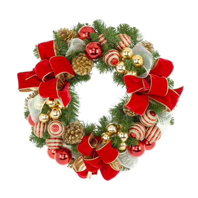 Festive Gold and Red Holiday Wreath with Ornaments and Ribbons.