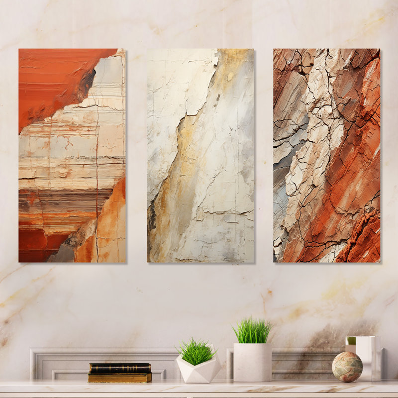 Earth Minimalist Fossils I - Abstract Collages, ensemble de 3 impressions sur toile, Toile tendue, H 32 po x l 48 po
