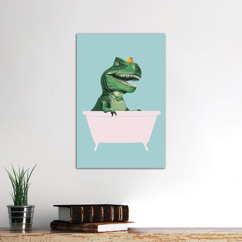 Playful T Rex In Bathtub In Green by Big Nose Work - Wrapped Canvas Print, 66.04 cm H x 45.72 cm W x 3.175 cm D