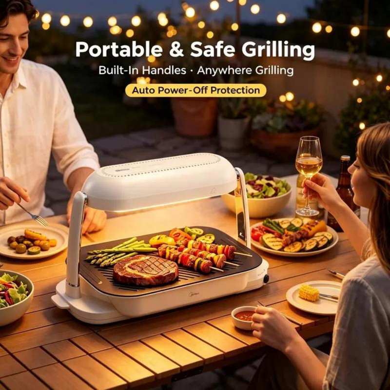 Midea Graphene Smokeless Electric Grill, 1300°C Rapid Heat Indoor Griddle with Non-Stick Plate, 1100W