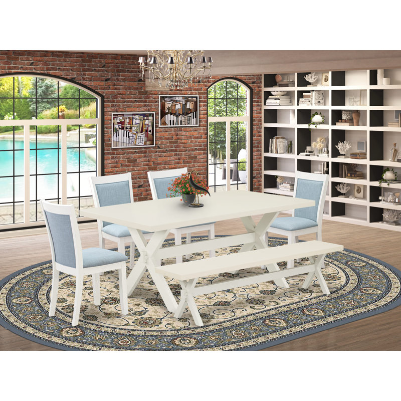 Ensemble de table de salle à manger 6 pièces comprenant une table de salle à manger rectangulaire avec pieds en X et 4 chaises Parson en tissu crème avec banc, lin brossé blanc