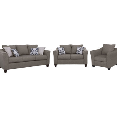 Grey 3 Living Room Kit With Pillow Back, Flared Arms, And Comfortable Seating Experience For Primary Spaces, Featuring High Foam Upholstered Design