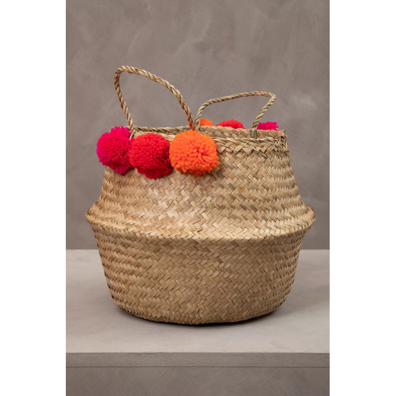 Medium Pom Pom Seagrass Basket, 28cm H x 30cm W x 30cm D