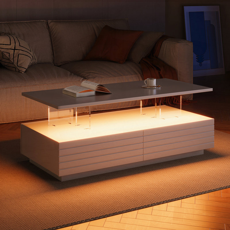 Table basse rectangulaire à 2 tiroirs à DEL, Blanc