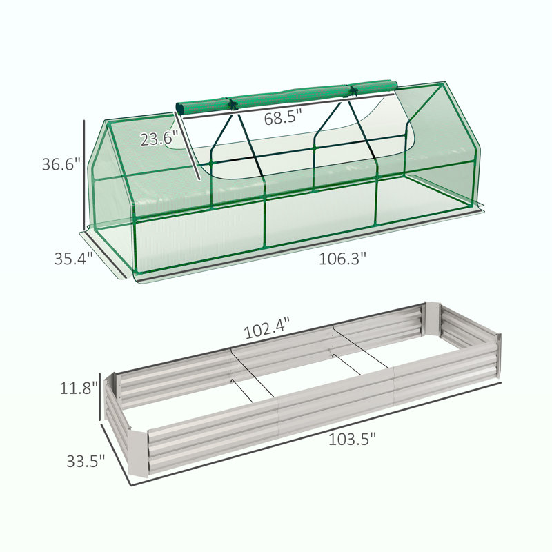 8.6 X 3 X 1Ft Raised Garden Bed With Mini Greenhouse, Galvanized Raised Garden Bed With Cover For Herbs And Vegetables, Small Greenhouse For Patio Garden Balcony, Green And Silver