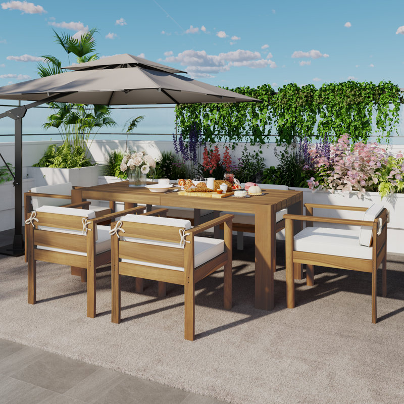 6 - Person Rectangular Outdoor Dining Set With Cushions, Brown/Light Teak