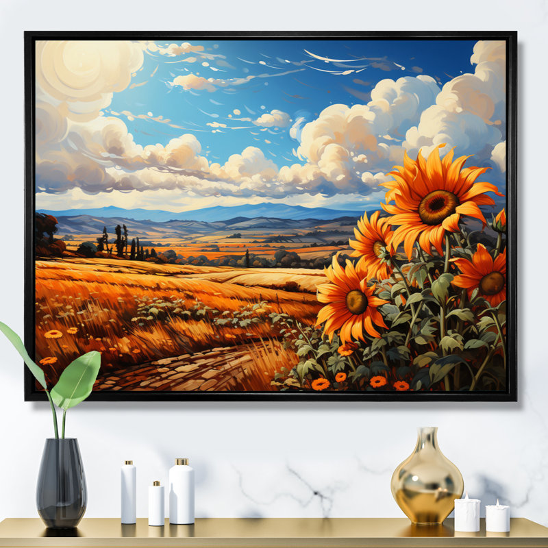 Champ de tournesols français Bilow, charme de campagne III - impression, H 12 po x l 20 po x P 1 po, Cadre flottant noir