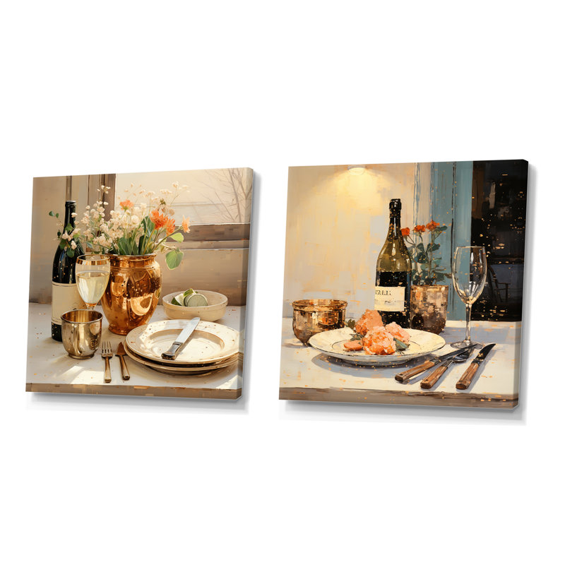 Ensemble de 2 reproductions d'art mural Beige Wine Essence Kitchen, Toile tendue, H 16 po x l 33 po x P 1 po