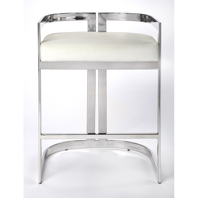 Butler Bravo Faux Leather Counter Stool, White, Silver, Counter Stool (24.5” Seat Height)