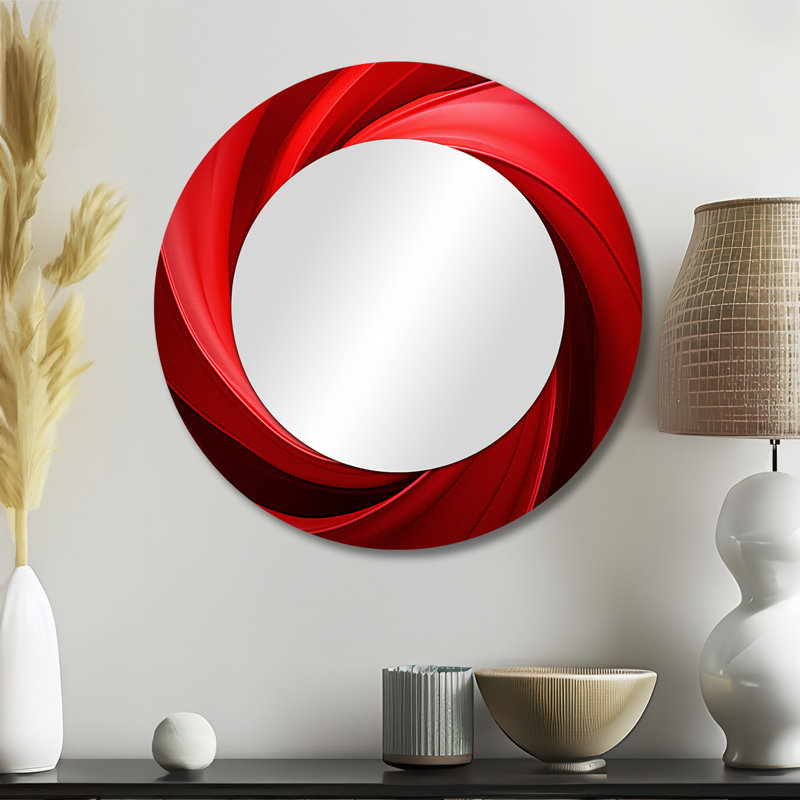 Red Perpetual Pulse Vortex - Abstract Spirals Mirror, Red Round Unique Wall Mirror, Printed Metal Art, 23" x 23"