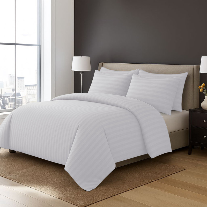 4-Piece Striped High Quality Duvet Cover Set with Fitted Sheet & 2 Pillowcases , White
