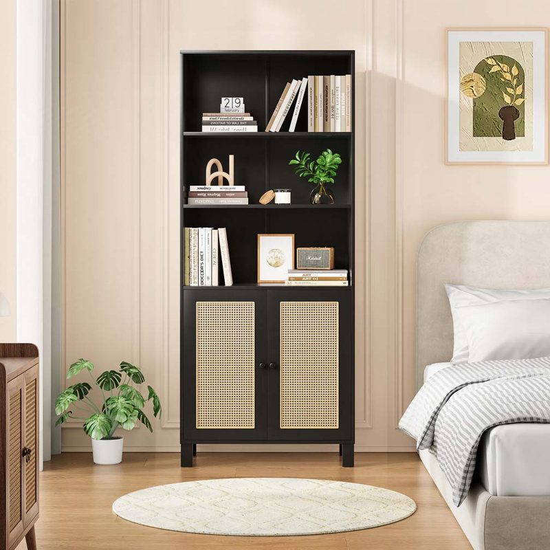 Bookcase with Rattan Doors,5 Tier Storage Wood Shelves, Black