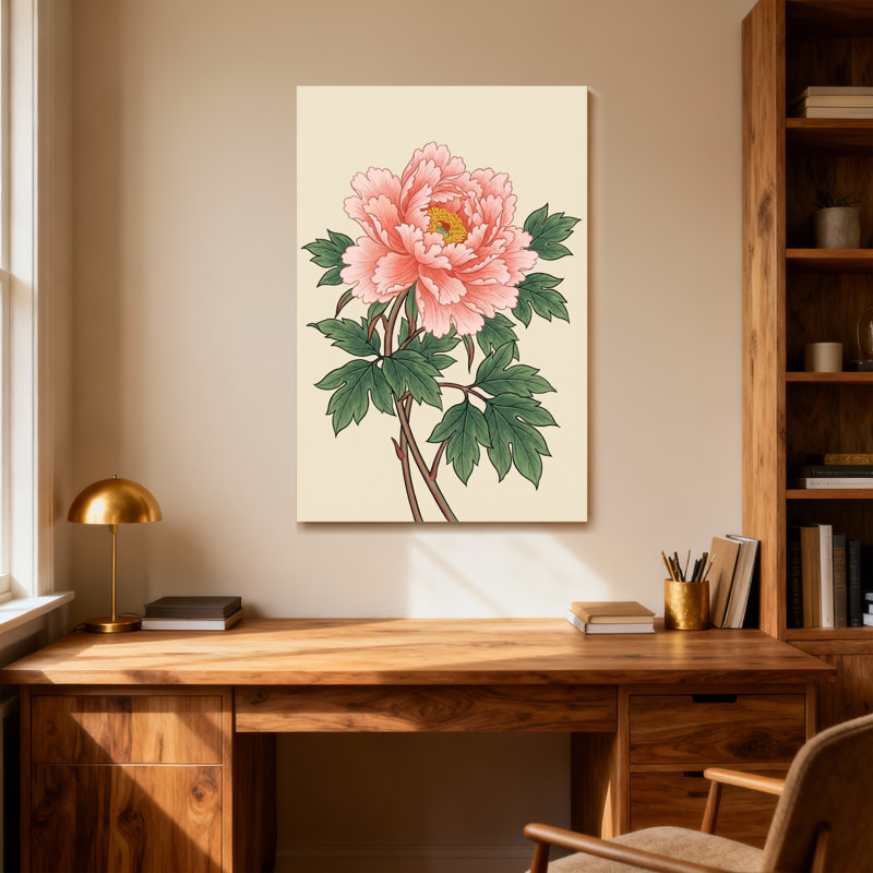 Plantes et fleurs pivoines avec feuilles vertes sur fond crème, H 16 po x l 24 po