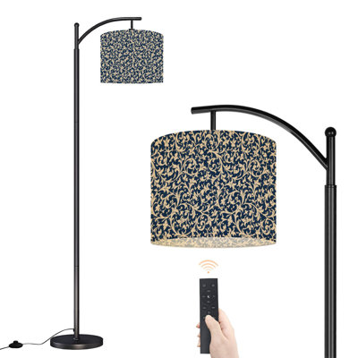 Arc Floor Lamp Elegant Blue Beige Ornamental Floral Design Tall Modern Standing Lamp LED Adjustable Linen Lampshade 3 Color Temperatures