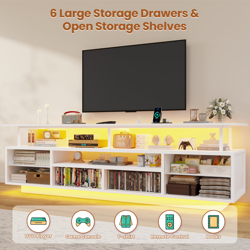 Tv Stand For Tvs Up To 70" With 6 Storage Drawers And Rgb Led Lights, Pu Finish Drawer, White