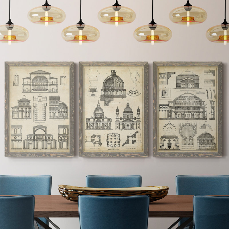 «Vintage Architects Plan I», ensemble de 3 impressions sur toile encadrées, H 43,5 po x l 31,5 po x P 1 po, Gris